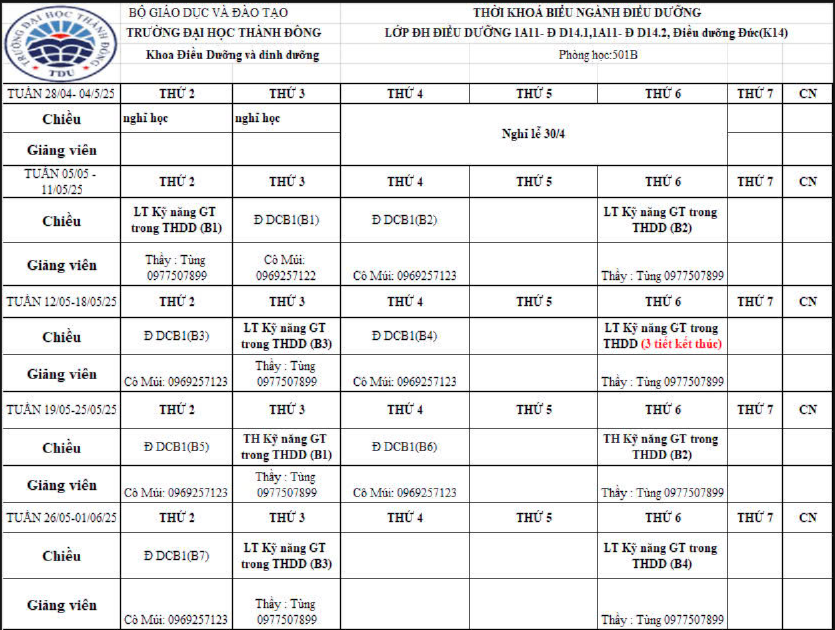 Lịch học tháng 05 năm 2025